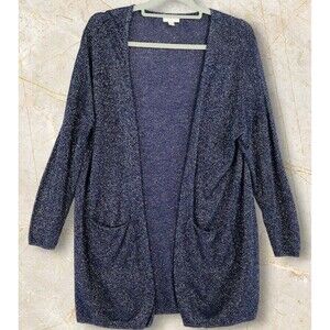 Blue Metallic Knit Open Long Cardigan Long Sleeve Womens Size L Charming Charlie
